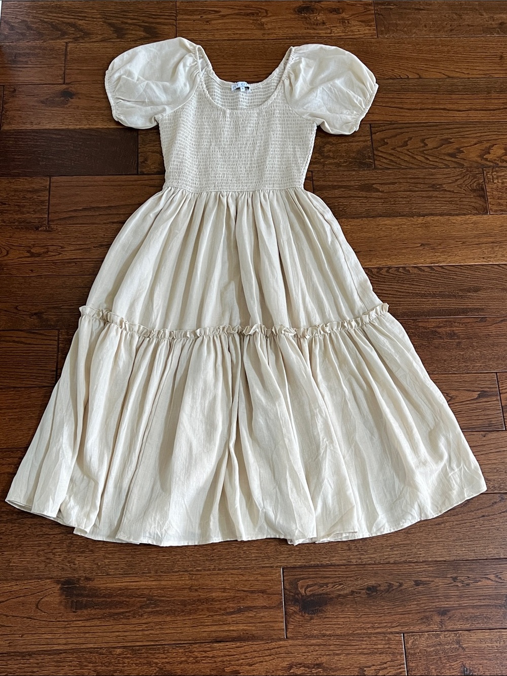 Cream Puff-Sleeve Smocked Bodice Midi Dress